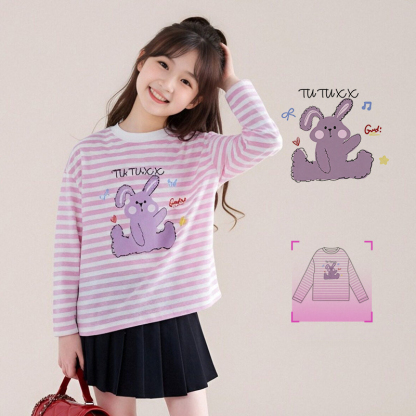 女童春秋卡通寬鬆條紋長袖T恤
