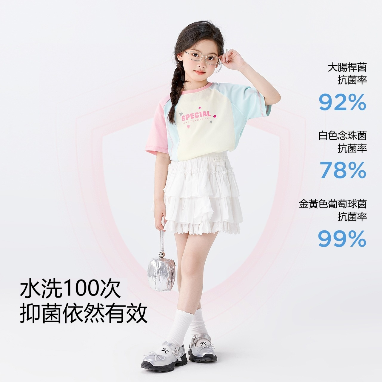 女童夏季明線撞色印花短袖百褶裙褲套裝