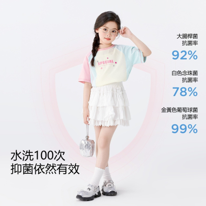 女童夏季明線撞色印花短袖百褶裙褲套裝