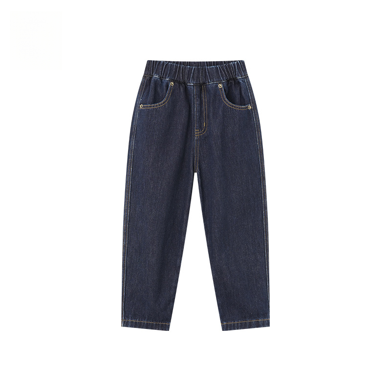  男童皮革拼接水洗牛仔褲