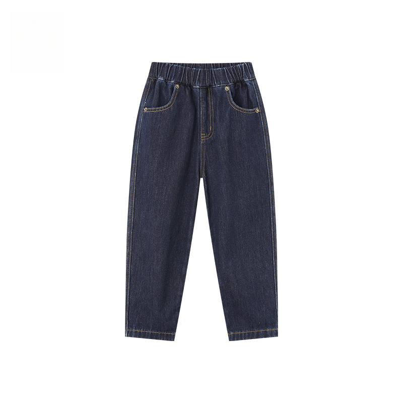  男童皮革拼接水洗牛仔褲