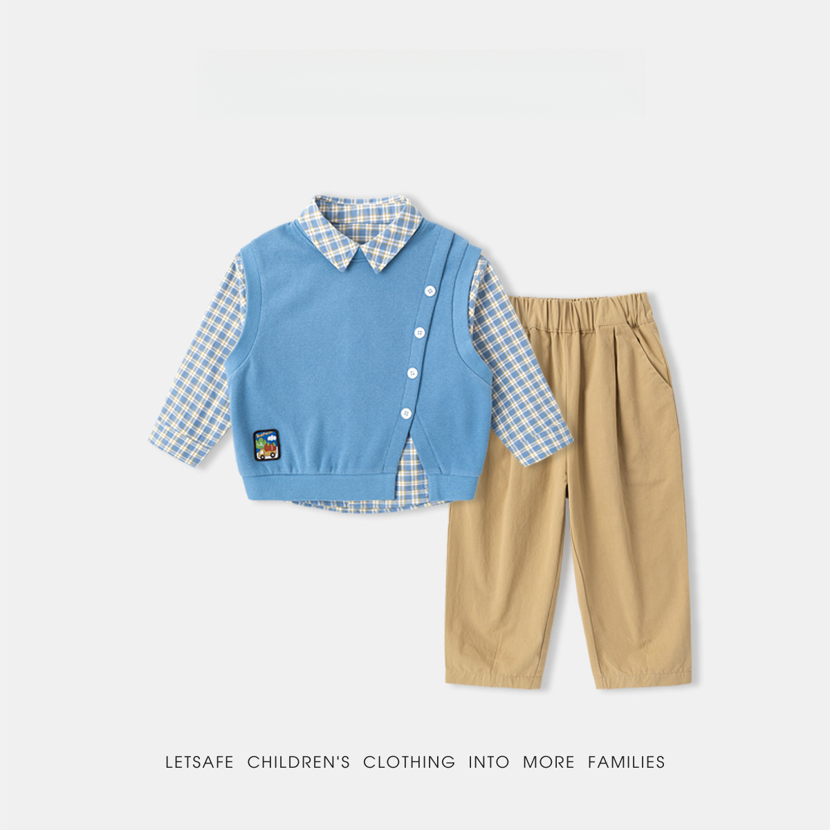 兒童春季學院風格子襯衫馬甲褲子三件套套裝