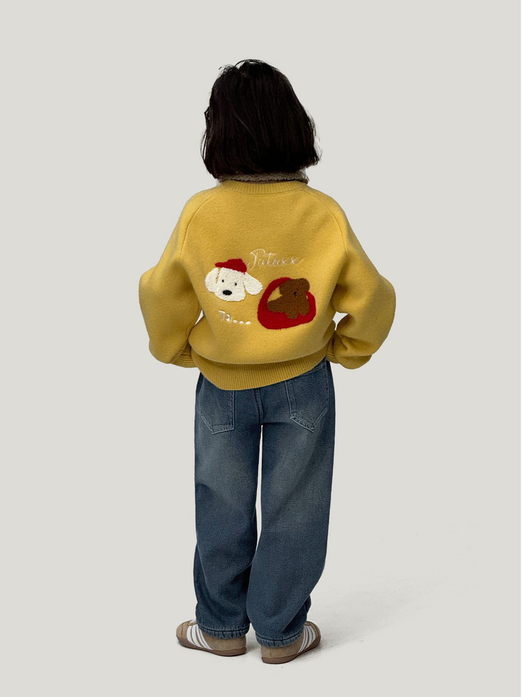 女童秋冬加絨牛仔直筒褲