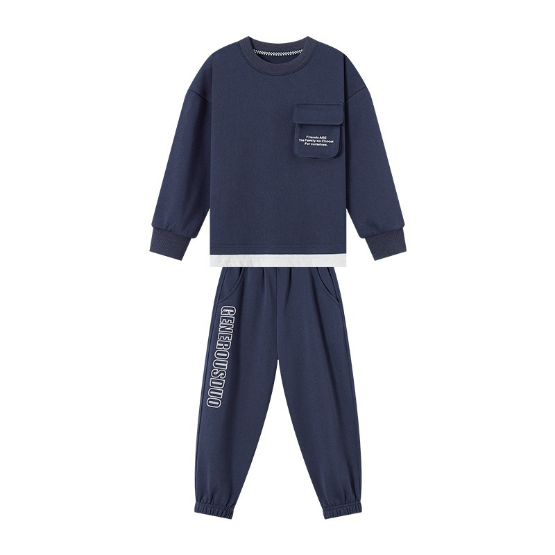 春秋季男童立領口袋假兩件運動套裝