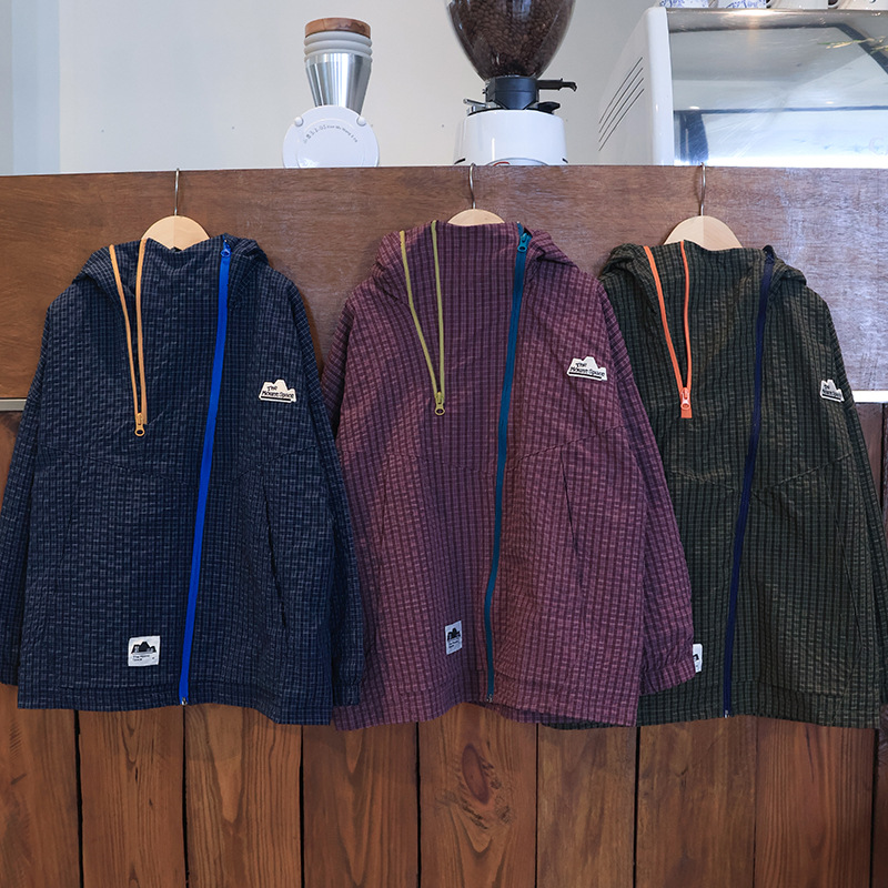 兒童秋季格紋撞色雙拉鏈立領衝鋒衣