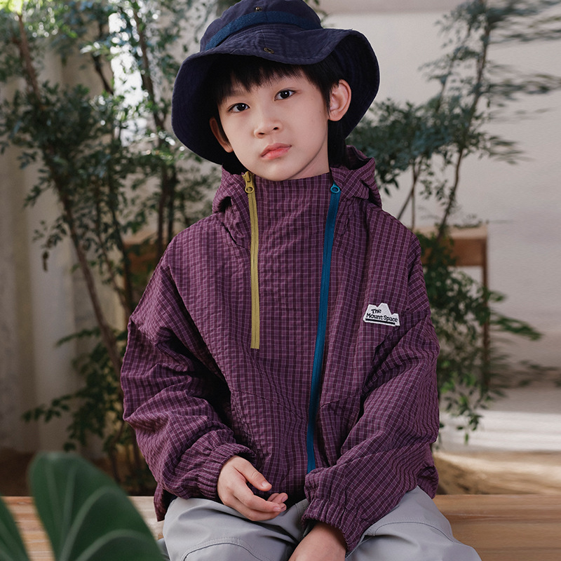 兒童秋季格紋撞色雙拉鏈立領衝鋒衣