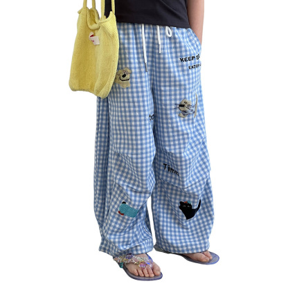 女童夏季卡通刺繡直筒沙灘闊腿褲