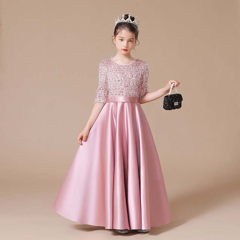 女童豆沙色圓領亮片演出服