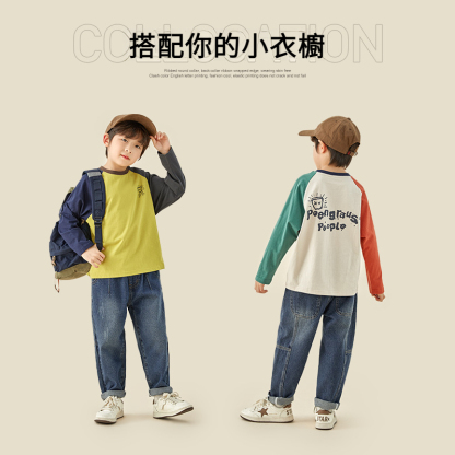 男童春秋撞色插肩袖T恤