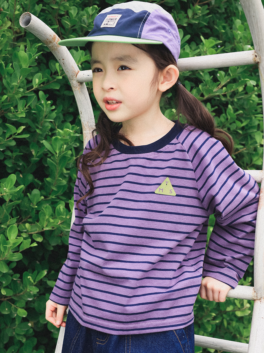 女童春季長袖撞色字母印花條紋長袖T恤