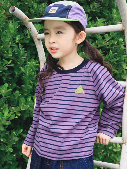 女童春季長袖撞色字母印花條紋長袖T恤