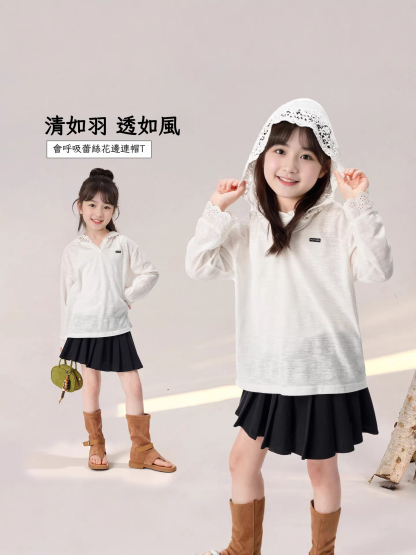 春秋款女童蕾絲長袖打底衫連帽上衣