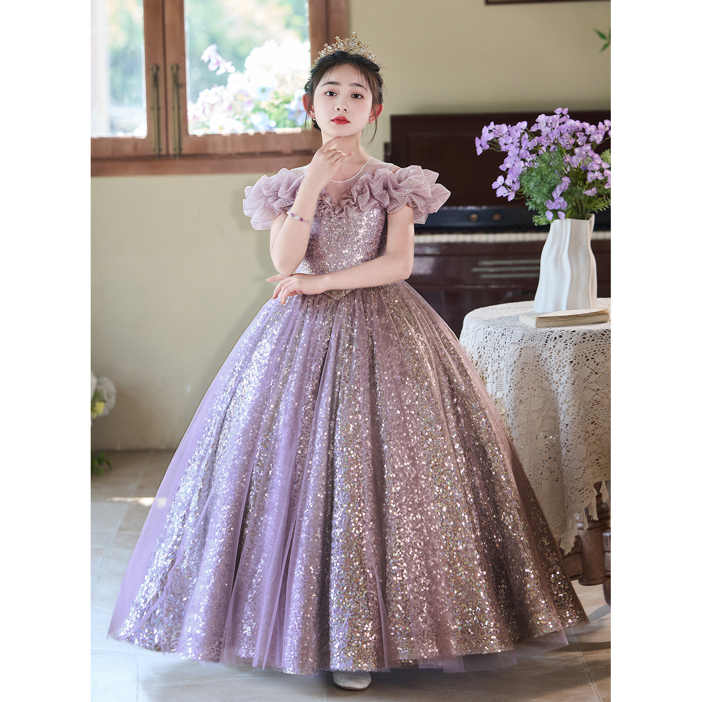 兒童輕奢紫色禮服裙