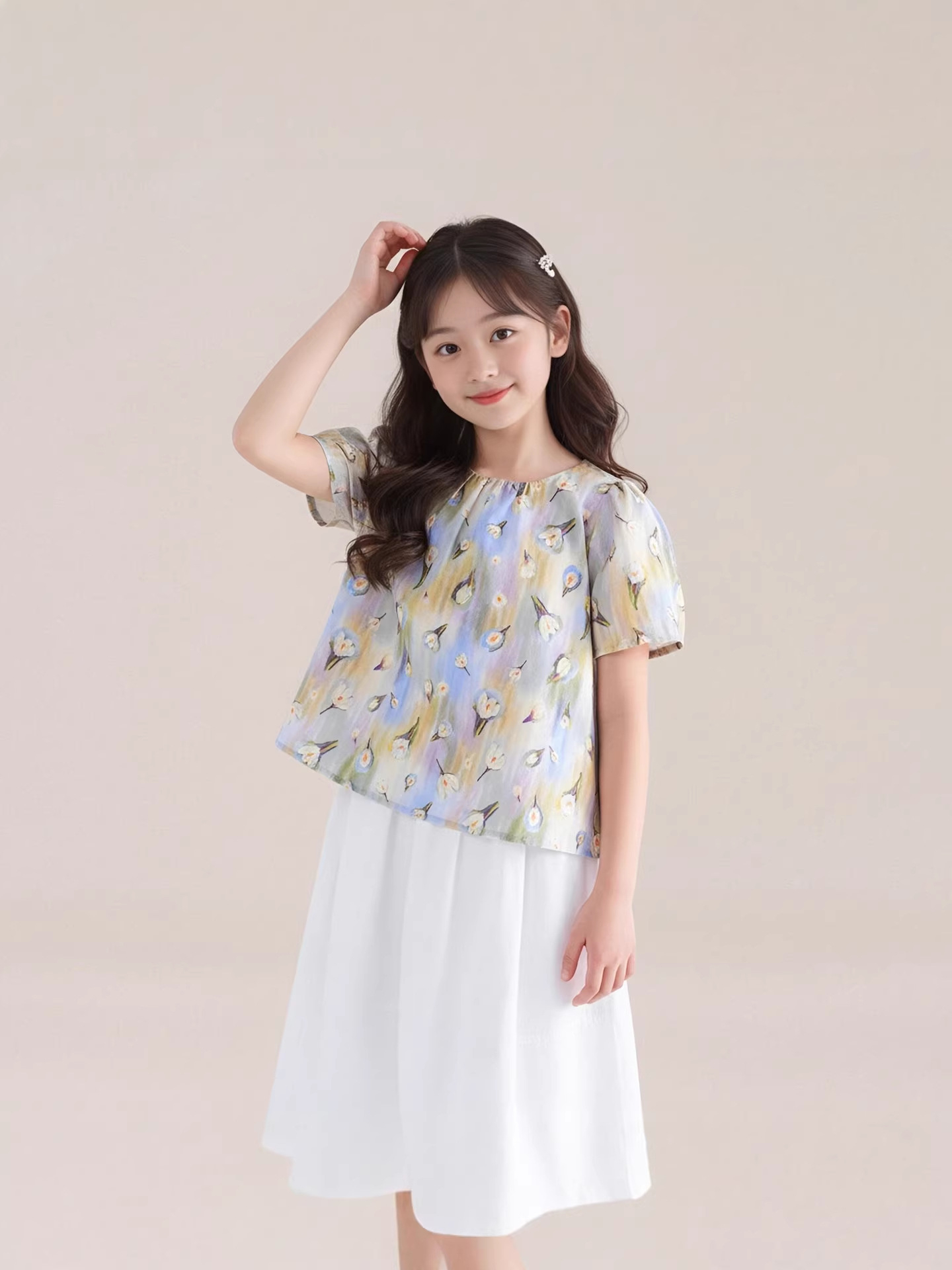 夏季新款女童莫奈碎花短䄂上衣