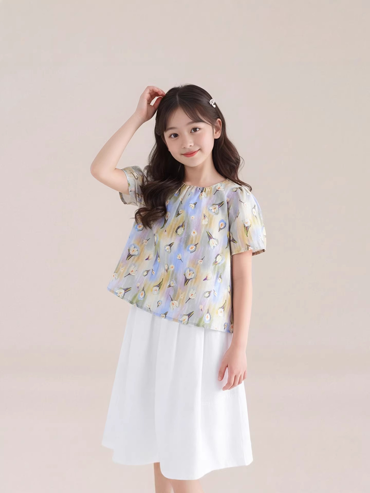 夏季新款女童莫奈碎花短䄂上衣