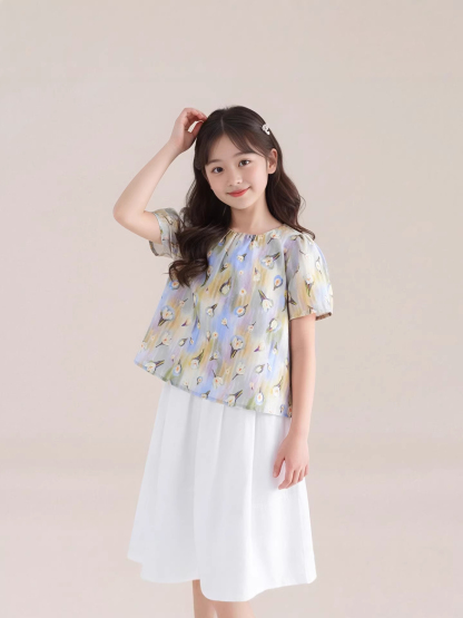 夏季新款女童莫奈碎花短䄂上衣