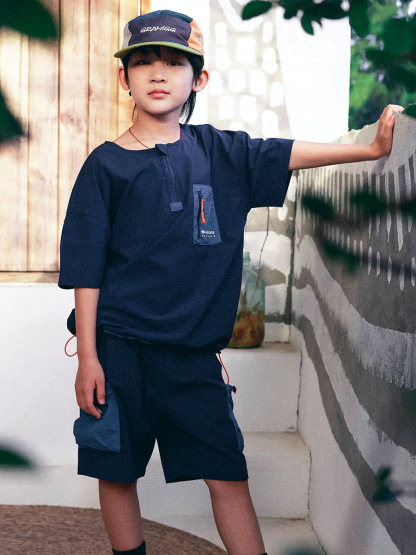 男童夏季速乾撞色口袋運動套裝