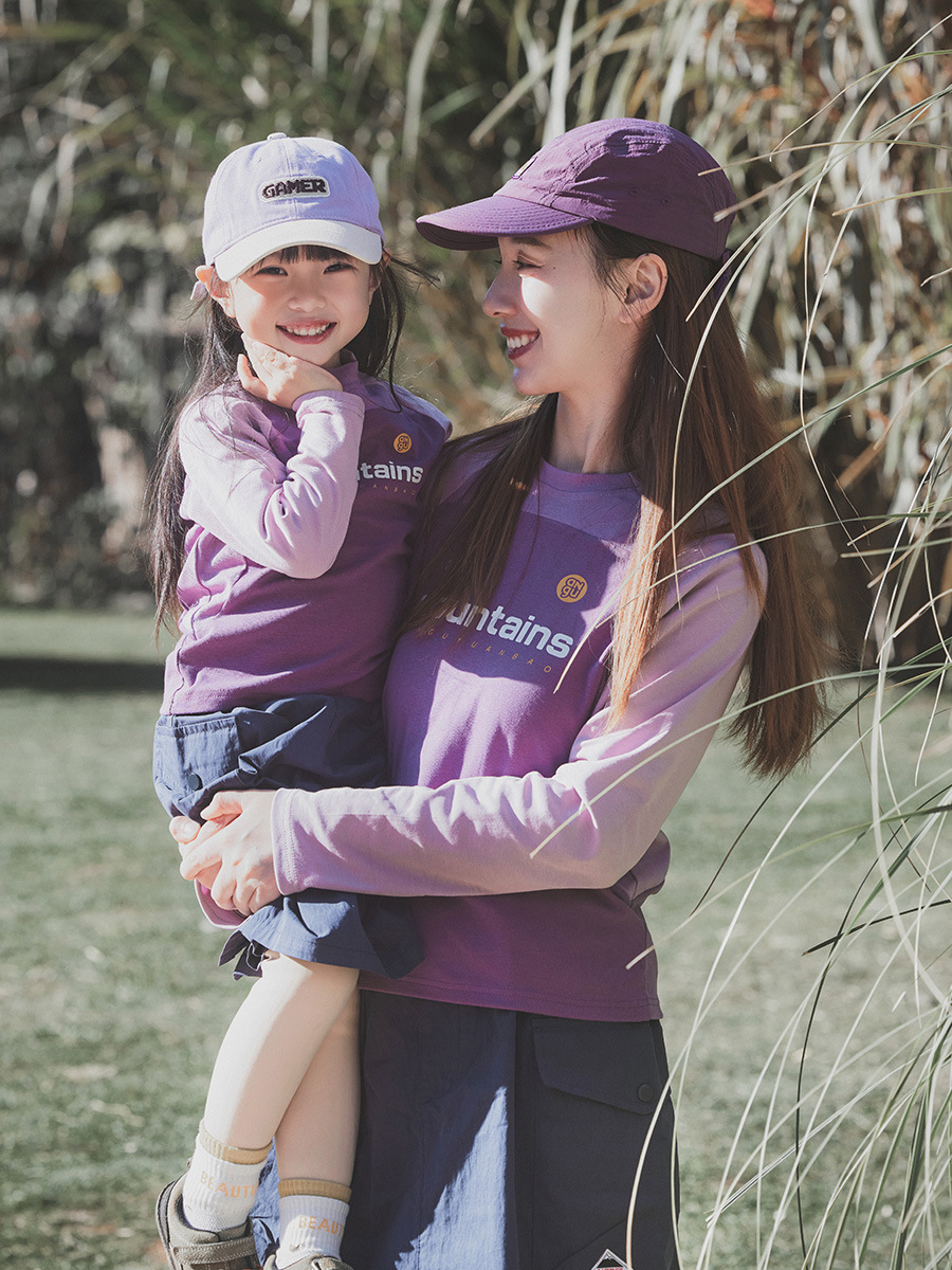 親子裝兒童長袖 T恤復古拼接運動打底衫