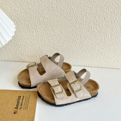 兒童夏季磨砂皮露趾木糠底涼拖鞋