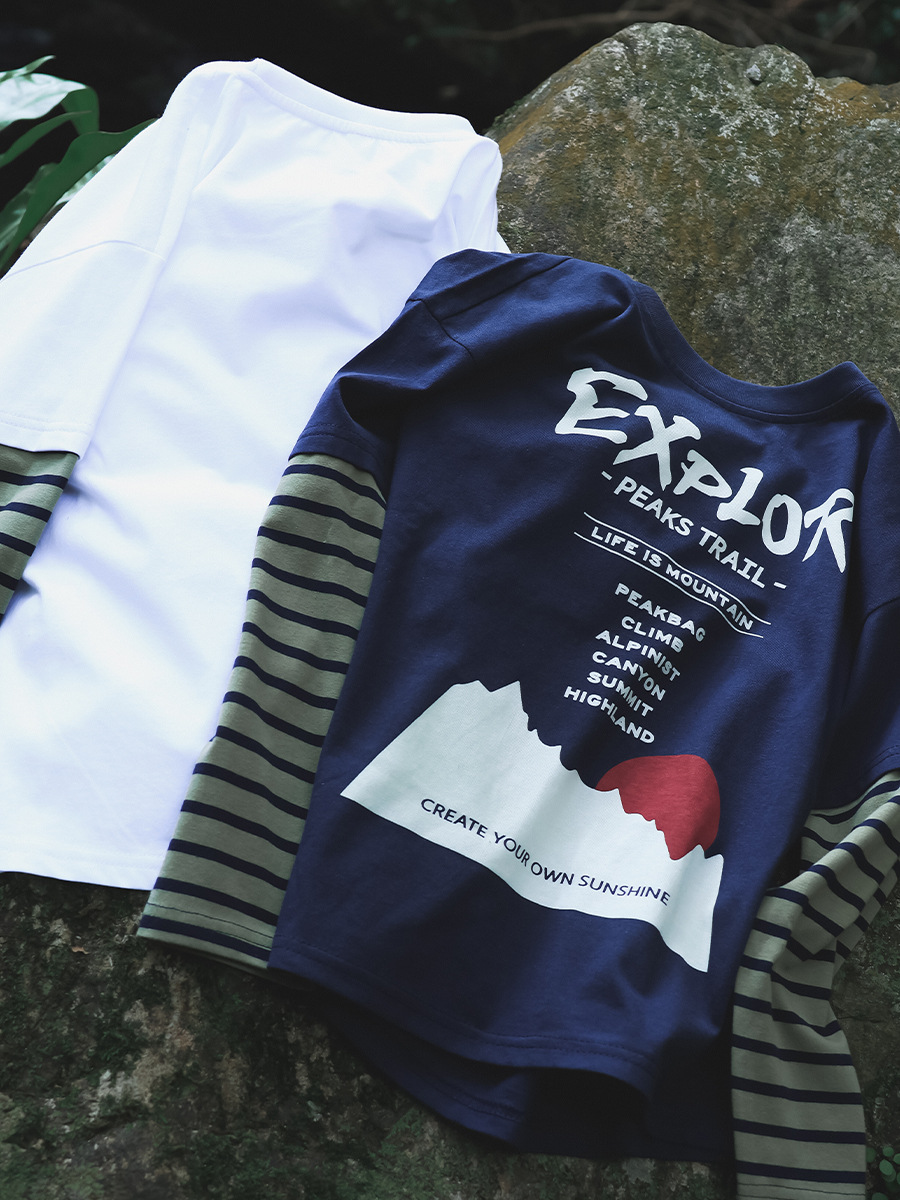 男童春季假兩件撞色印花長袖T恤