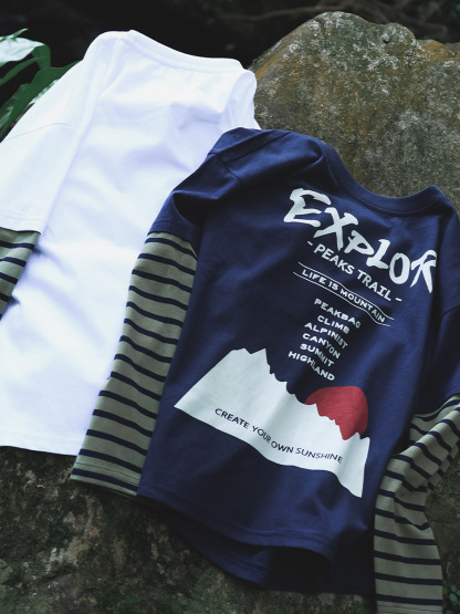 男童春季假兩件撞色印花長袖T恤