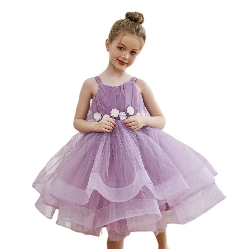 女童吊帶紫色花朵生日派對蓬蓬裙