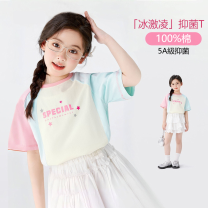女童夏季明線撞色印花短袖百褶裙褲套裝