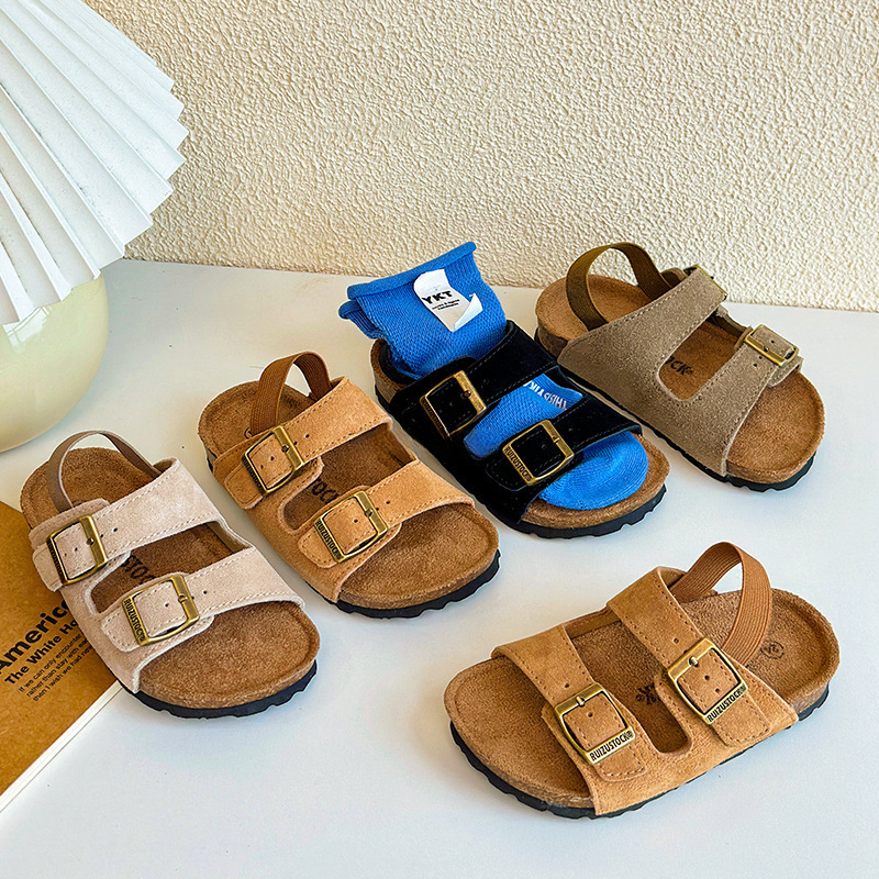 兒童夏季磨砂皮露趾木糠底涼拖鞋