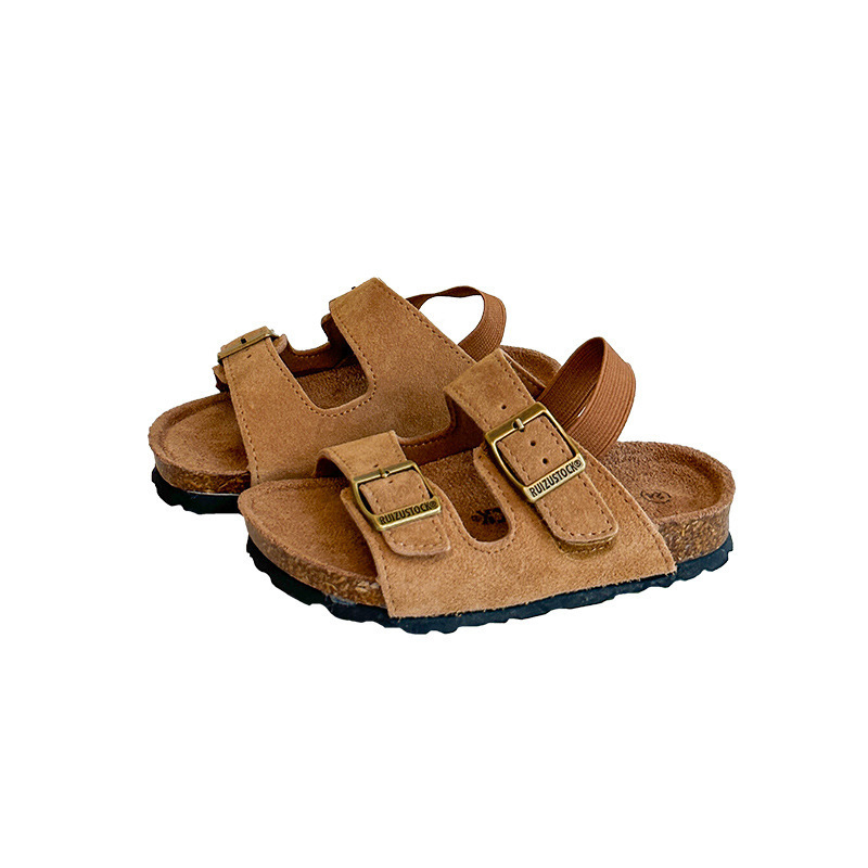 兒童夏季磨砂皮露趾木糠底涼拖鞋