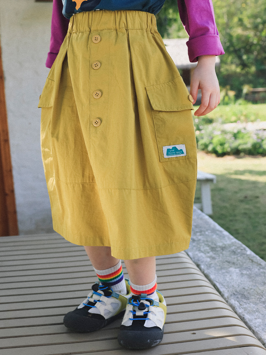 女童春季口袋紐扣長款工裝半身裙