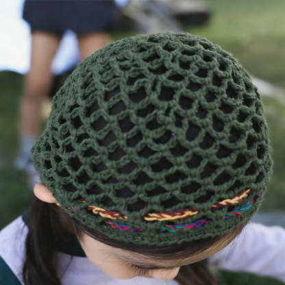 女童春季鏤空手工鈎織抽繩包頭針織帽子