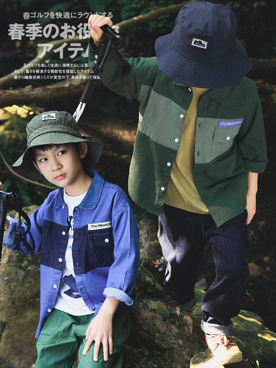 男童春季工裝撞色拼接口袋字母翻領長袖襯衫