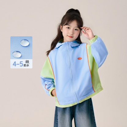 春季女童暴雨級防水撞色連帽戶外外套