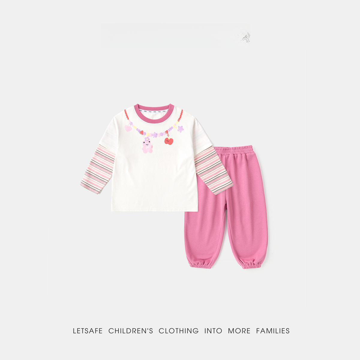 兒童假兩件卡通條紋T恤休閒褲套裝