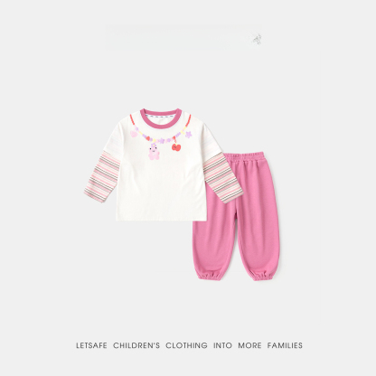 兒童假兩件卡通條紋T恤休閒褲套裝