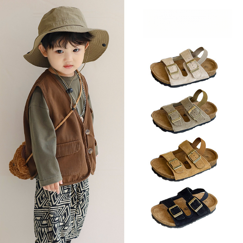 兒童夏季磨砂皮露趾木糠底涼拖鞋