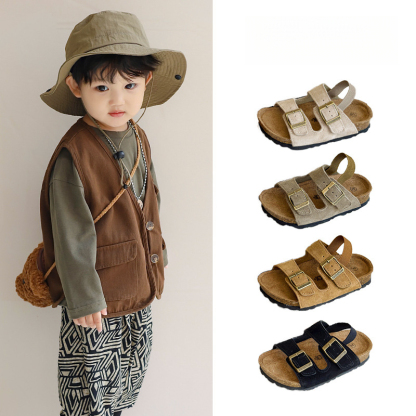 兒童夏季磨砂皮露趾木糠底涼拖鞋