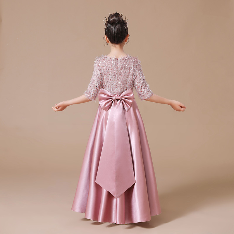 女童豆沙色圓領亮片演出服