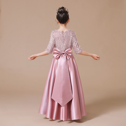 女童豆沙色圓領亮片演出服