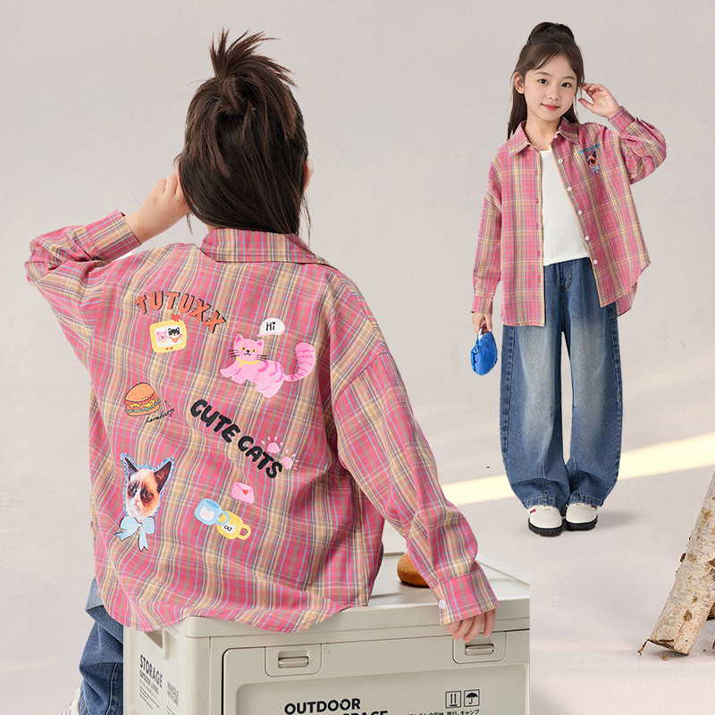 春季女童撞色格子襯衫