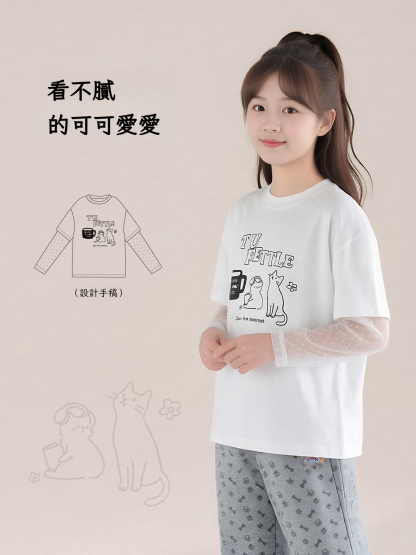 春秋款女童網紗拼接長袖 T恤
