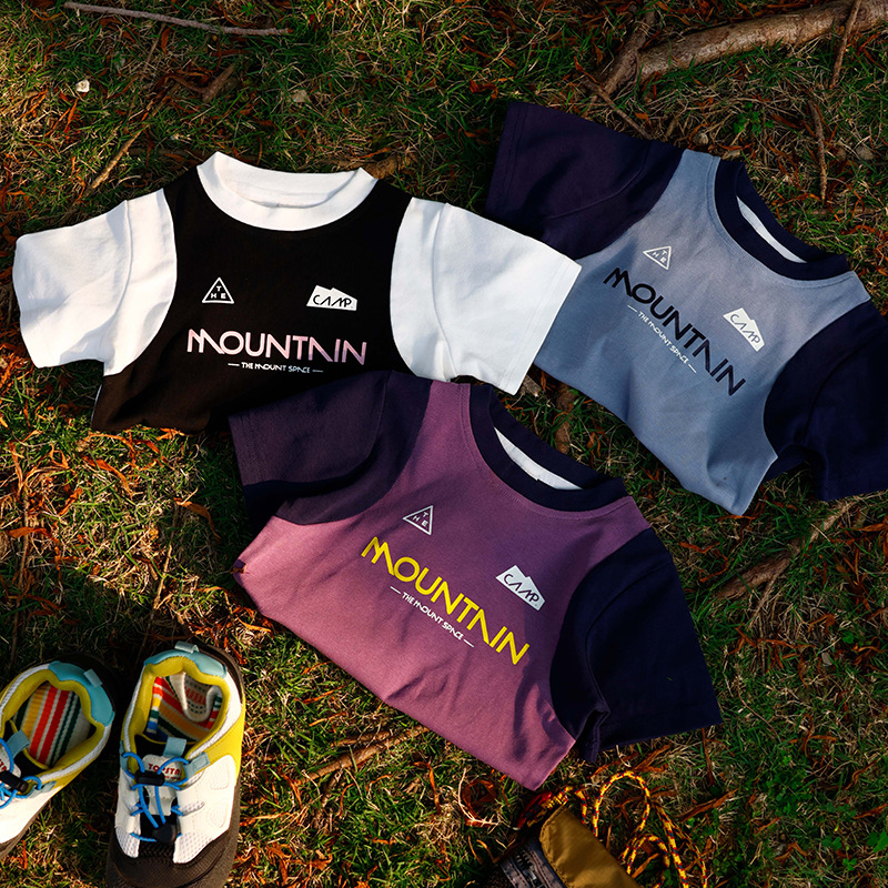 兒童山系撞色拼接圓領短袖t恤親子裝