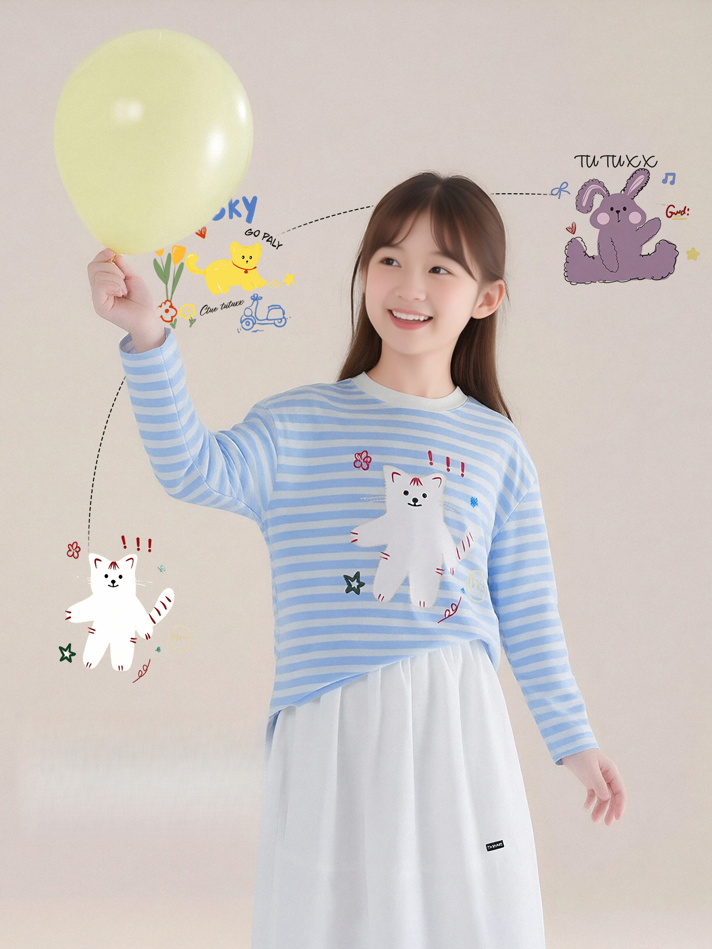 女童春秋卡通寬鬆條紋長袖T恤