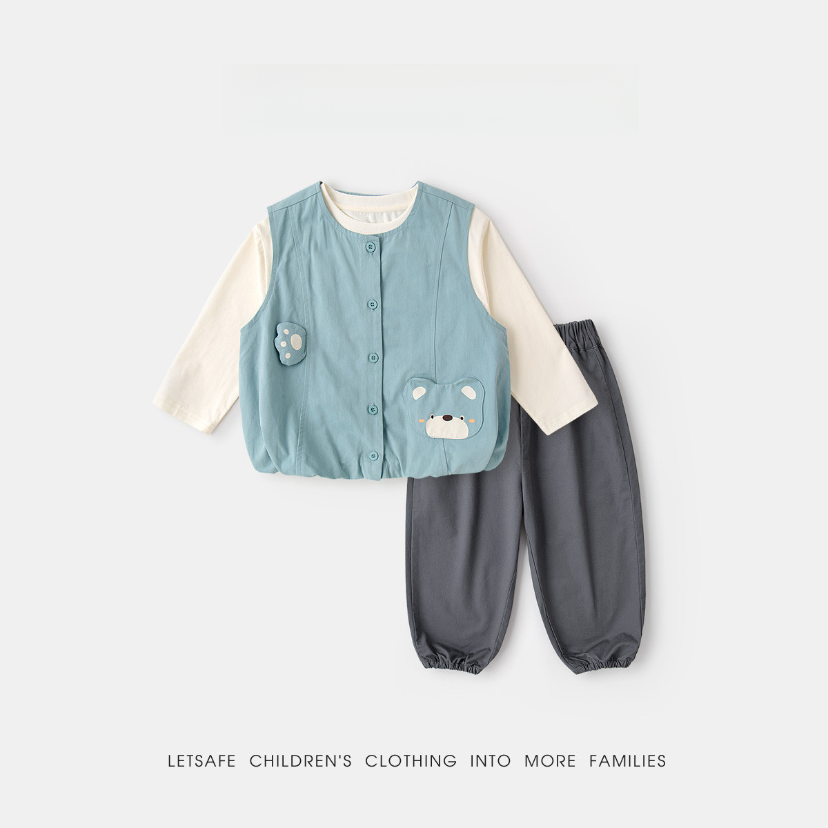 兒童春秋小熊輕量馬甲上衣褲子三件套