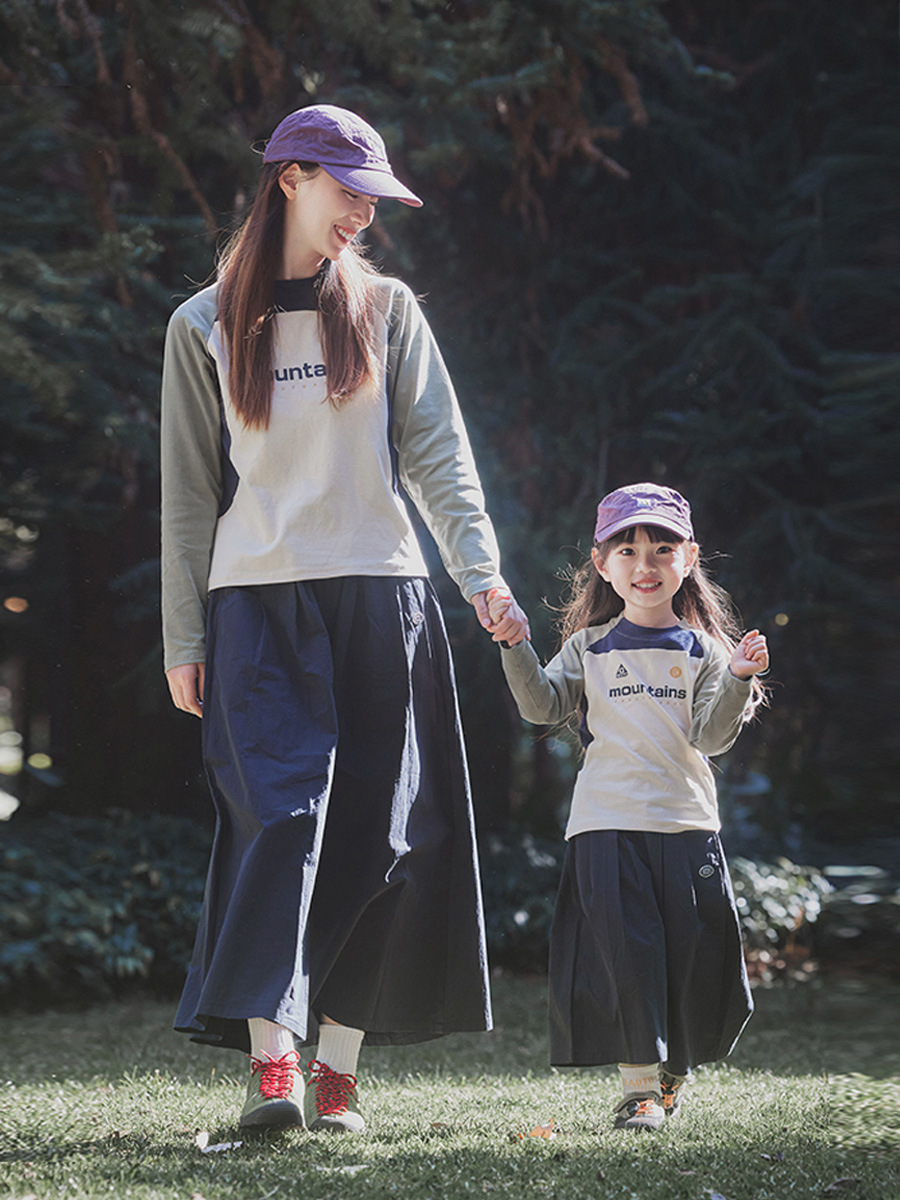 親子裝兒童長袖 T恤復古拼接運動打底衫