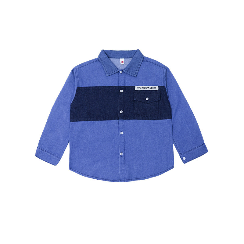 男童春季工裝撞色拼接口袋字母翻領長袖襯衫