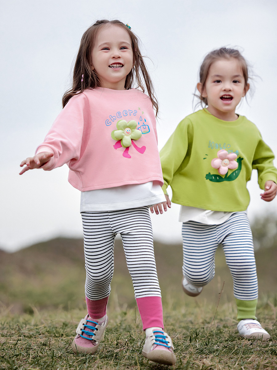 女童甜美假兩件長袖T恤格紋打底褲兩件套