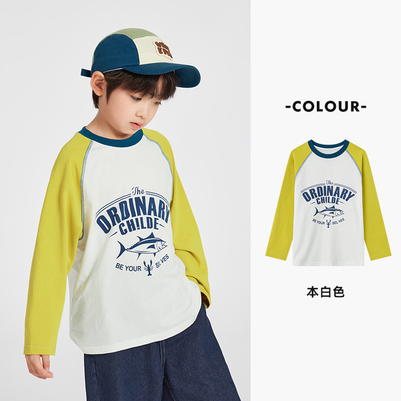 男童純棉插肩袖印花長袖T恤