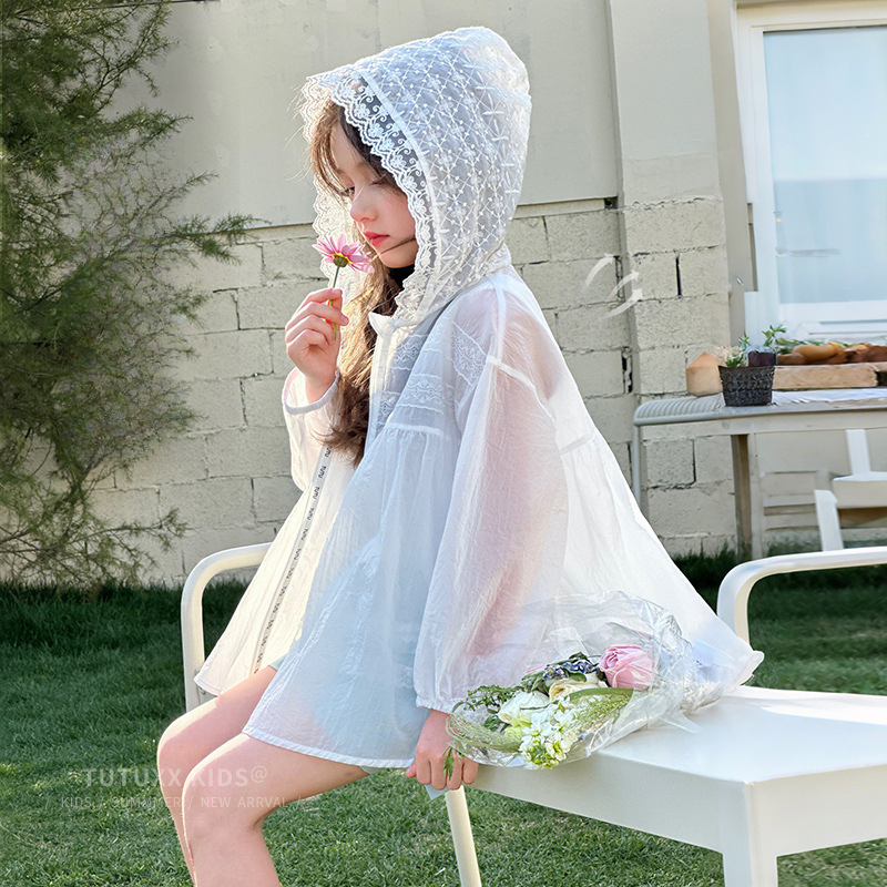 兒童夏季戶外拼接蕾絲花邊速幹外套