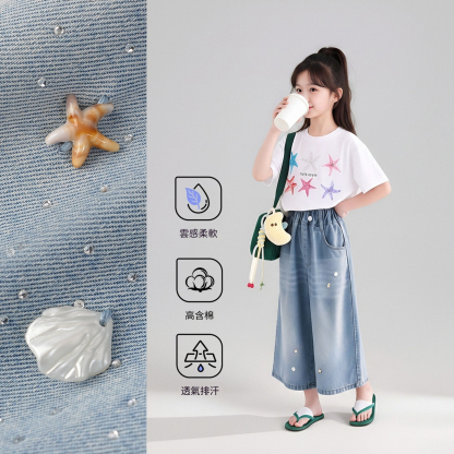 女童燙鑽闊腿八分牛仔褲